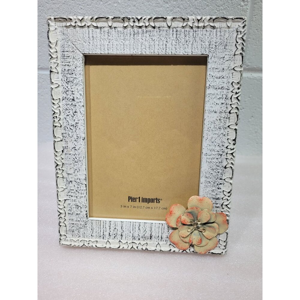 Pier 1 Picture Frame 5x7 Wall Stand Metal Flower Embossed Distressed Cottage